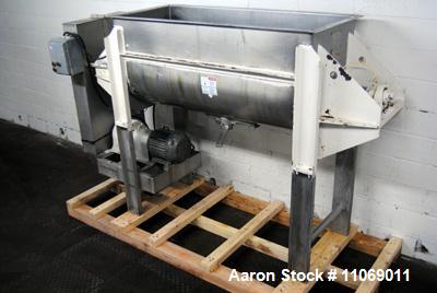 Used Aaron Process Equipment Company 304 stainless steel Double Ribbon Blender. Model NR-24. 24 cubic feet working capacity. Trough measures 66" long x 26" wide x 30" deep. Blender has an 8" bottom c...