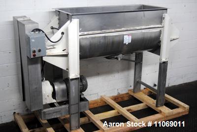 Used Aaron Process Equipment Company 304 stainless steel Double Ribbon Blender. Model NR-24. 24 cubic feet working capacity. Trough measures 66" long x 26" wide x 30" deep. Blender has an 8" bottom c...