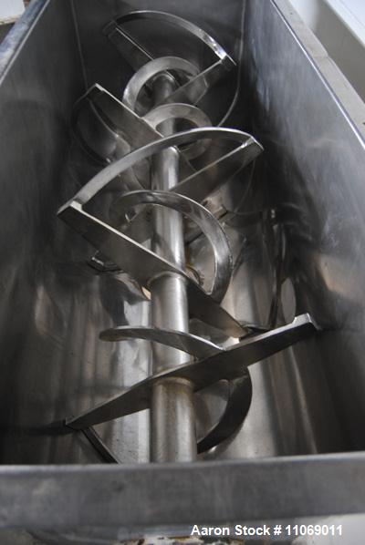 Used Aaron Process Equipment Company 304 stainless steel Double Ribbon Blender. Model NR-24. 24 cubic feet working capacity. Trough measures 66" long x 26" wide x 30" deep. Blender has an 8" bottom c...