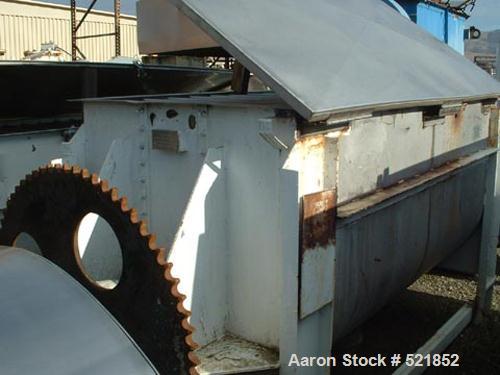 USED: Aaron stainless steel single shaft double ribbon blender, 80cu ft capacity. 40" wide x 8' long, 1/2" x 2" inner and outer ribbons,safety grate and covers, 10" diameter center bottom outlet with...