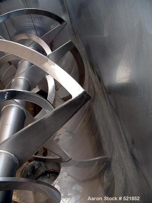 USED: Aaron stainless steel single shaft double ribbon blender, 80cu ft capacity. 40" wide x 8' long, 1/2" x 2" inner and outer ribbons,safety grate and covers, 10" diameter center bottom outlet with...