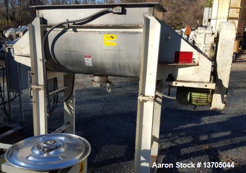 Used Aaron Double Ribbon Blender. Stainless steel, 14 cubic foot working capacity. Double ribbon blender, stainless steel construction. 24" wide x 48" long, 6" diameter center bottom discharge with v...