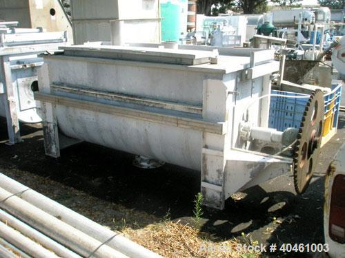 Used Aaron Process double spiral ribbon blender, 80 cubic feet working capacity, stainless steel. Non-jacketed trough 40" wide x 96" long x approximately 46" deep. 6" diameter shaft, inner ribbon 1 1...
