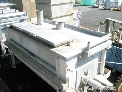 Used Aaron Process double spiral ribbon blender, 80 cubic feet working capacity, stainless steel. Non-jacketed trough 40" wide x 96" long x approximately 46" deep. 6" diameter shaft, inner ribbon 1 1...