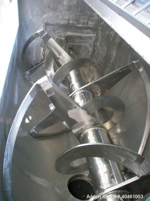 Used Aaron Process double spiral ribbon blender, 80 cubic feet working capacity, stainless steel. Non-jacketed trough 40" wide x 96" long x approximately 46" deep. 6" diameter shaft, inner ribbon 1 1...