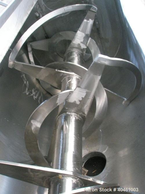 Used Aaron Process double spiral ribbon blender, 80 cubic feet working capacity, stainless steel. Non-jacketed trough 40" wide x 96" long x approximately 46" deep. 6" diameter shaft, inner ribbon 1 1...
