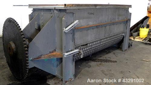 Used Aaron Process Equipment Ribbon Blender, 80 Cubic Feet, 304 Stainless Steel. Trough 40" wide x 96" long x approximate 48" deep, dimple jacketed on bottom only, rated 50 psi. 5" Diameter shaft, in...