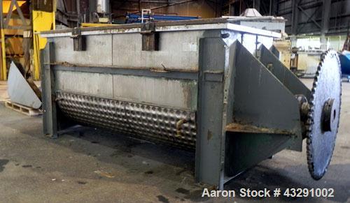 Used Aaron Process Equipment Ribbon Blender, 80 Cubic Feet, 304 Stainless Steel. Trough 40" wide x 96" long x approximate 48" deep, dimple jacketed on bottom only, rated 50 psi. 5" Diameter shaft, in...