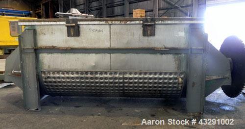 Used Aaron Process Equipment Ribbon Blender, 80 Cubic Feet, 304 Stainless Steel. Trough 40" wide x 96" long x approximate 48" deep, dimple jacketed on bottom only, rated 50 psi. 5" Diameter shaft, in...