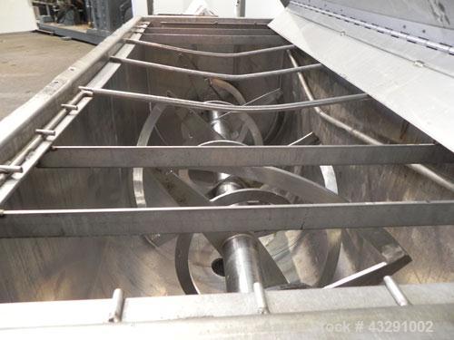 Used Aaron Process Equipment Ribbon Blender, 80 Cubic Feet, 304 Stainless Steel. Trough 40" wide x 96" long x approximate 48" deep, dimple jacketed on bottom only, rated 50 psi. 5" Diameter shaft, in...