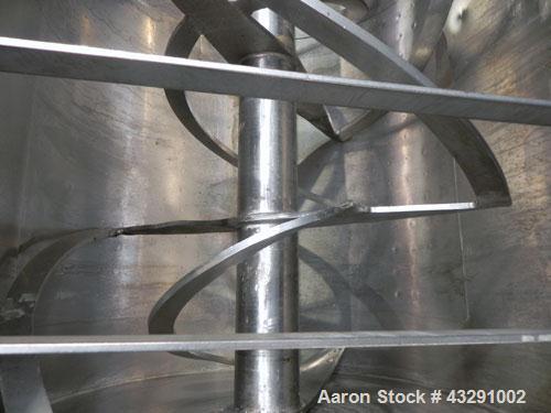 Used Aaron Process Equipment Ribbon Blender, 80 Cubic Feet, 304 Stainless Steel. Trough 40" wide x 96" long x approximate 48" deep, dimple jacketed on bottom only, rated 50 psi. 5" Diameter shaft, in...