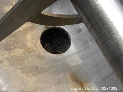 Used Aaron Process Equipment Ribbon Blender, 80 Cubic Feet, 304 Stainless Steel. Trough 40" wide x 96" long x approximate 48" deep, dimple jacketed on bottom only, rated 50 psi. 5" Diameter shaft, in...