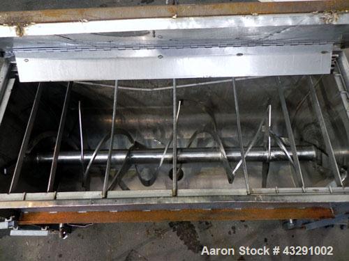 Used Aaron Process Equipment Ribbon Blender, 80 Cubic Feet, 304 Stainless Steel. Trough 40" wide x 96" long x approximate 48" deep, dimple jacketed on bottom only, rated 50 psi. 5" Diameter shaft, in...