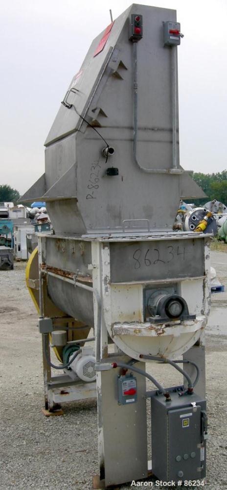 USED: Aaron double spiral ribbon blender, 36 cubic feet working capacity, 304 stainless steel. Non-jacketed trough 30" wide x 77" long x approximately 33" deep. 2-3/4" diameter shaft, inner ribbon 1-...