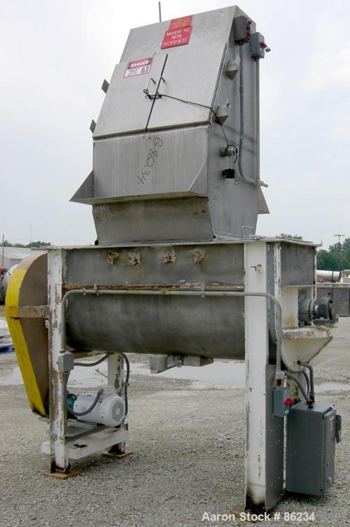 USED: Aaron double spiral ribbon blender, 36 cubic feet working capacity, 304 stainless steel. Non-jacketed trough 30" wide x 77" long x approximately 33" deep. 2-3/4" diameter shaft, inner ribbon 1-...