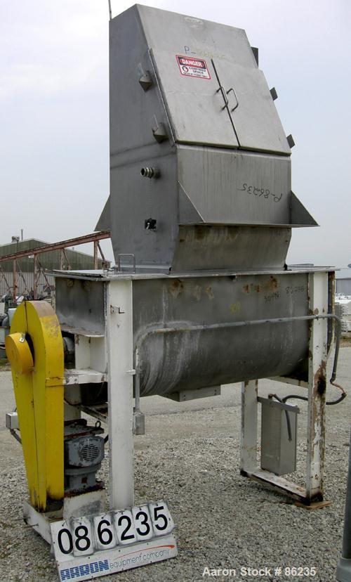 USED: Aaron double spiral ribbon blender, 36 cubic feet working capacity, 304 stainless steel. Non-jacketed trough 30" wide x 77" long x approximately 33" deep. 2-3/4" diameter shaft, inner ribbon 1-...