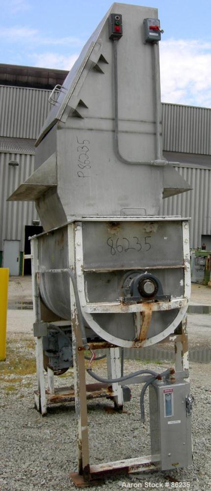 USED: Aaron double spiral ribbon blender, 36 cubic feet working capacity, 304 stainless steel. Non-jacketed trough 30" wide x 77" long x approximately 33" deep. 2-3/4" diameter shaft, inner ribbon 1-...