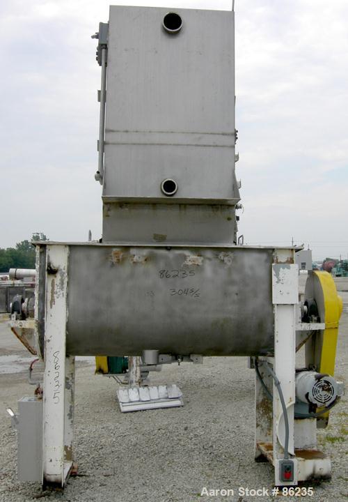 USED: Aaron double spiral ribbon blender, 36 cubic feet working capacity, 304 stainless steel. Non-jacketed trough 30" wide x 77" long x approximately 33" deep. 2-3/4" diameter shaft, inner ribbon 1-...