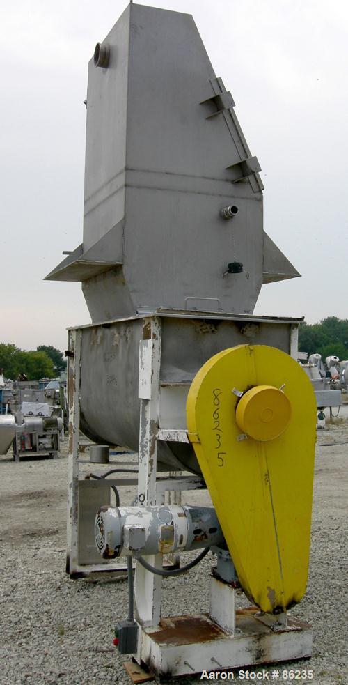 USED: Aaron double spiral ribbon blender, 36 cubic feet working capacity, 304 stainless steel. Non-jacketed trough 30" wide x 77" long x approximately 33" deep. 2-3/4" diameter shaft, inner ribbon 1-...