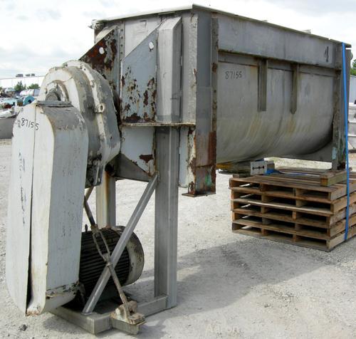 USED: Aaron Process double spiral ribbon blender, 80 cubic feet working capacity, 304 stainless steel. Non-jacketed trough 40" wide x 96" long x approximately 48" deep. 6" diameter shaft. Inner ribbo...