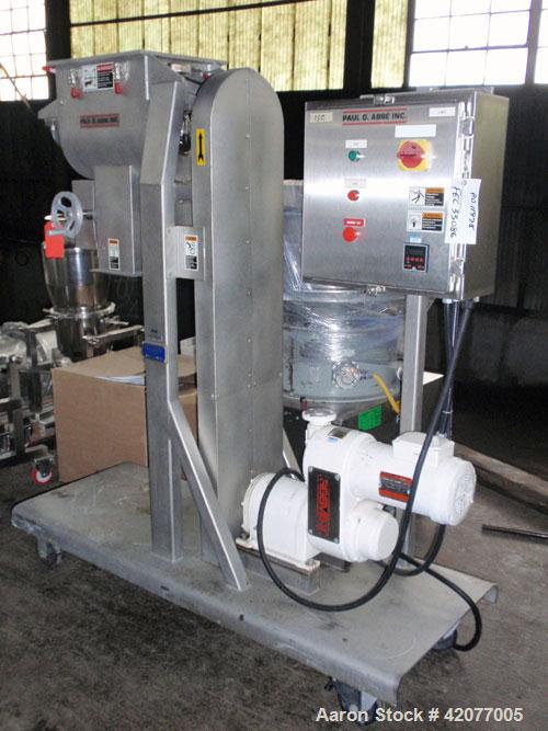 Used Paul O Abbe Double Spiral Ribbon Blender, model HM-1, 1 cubic foot, 316 stainless steel. 12" wide x 16" long trough, double ribbon, outboard roller bearings, packing glands, 3" outlet with a man...