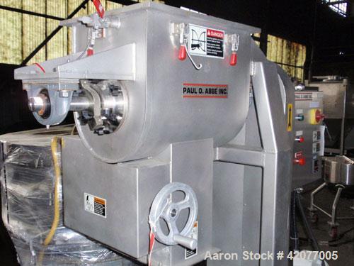 Used Paul O Abbe Double Spiral Ribbon Blender, model HM-1, 1 cubic foot, 316 stainless steel. 12" wide x 16" long trough, double ribbon, outboard roller bearings, packing glands, 3" outlet with a man...