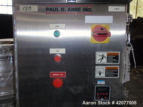 Used Paul O Abbe Double Spiral Ribbon Blender, model HM-1, 1 cubic foot, 316 stainless steel. 12" wide x 16" long trough, double ribbon, outboard roller bearings, packing glands, 3" outlet with a man...