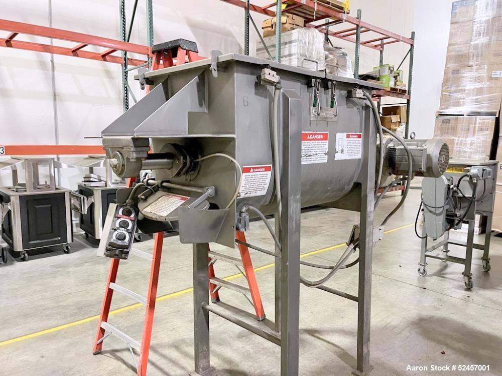 Used American Process Heavy Duty Double Spiral Ribbon Blender, Model DRB-18, 18 Cubic Feet Working Capacity, Stainless Steel. Non-jacketed trough 24" wide x 60" long x approximately 28" deep. Shaft, ...