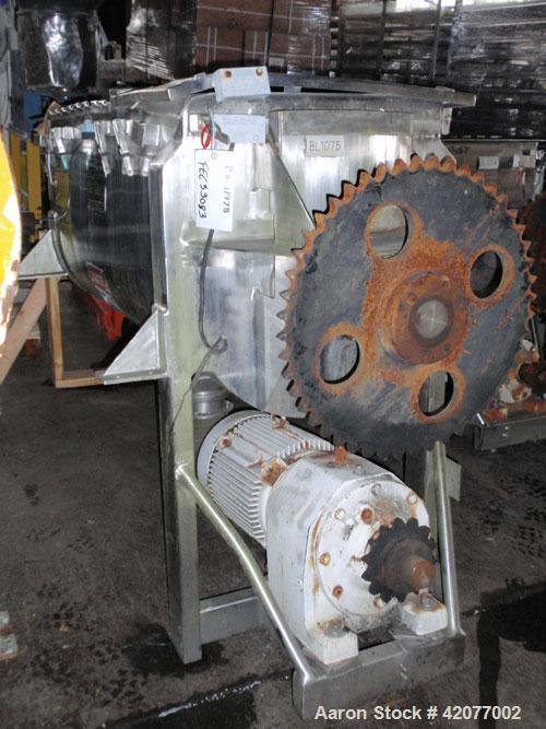 Used American Process Double Spiral Ribbon Blender, model DRB-24, 24 cubic feet, 316 stainless steel. 26" wide x 66" long trough, double ribbon, outboard roller bearings, packing glands, 6" center bo...