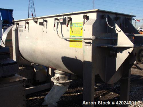 Used American Process Double Spiral Ribbon Blender, model DRB-66XH, 66 cubic feet working capacity, stainless steel. Non-jacketed trough 37" wide x 96" long. (1) 8’’ diameter center bottom outlet wit...