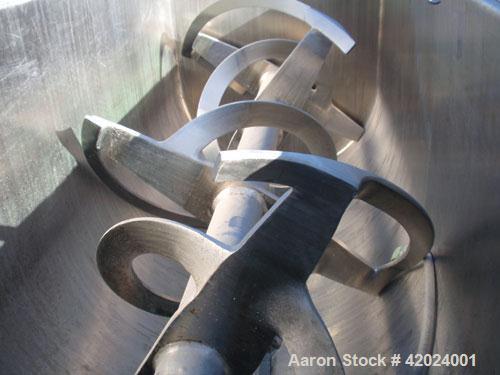 Used American Process Double Spiral Ribbon Blender, model DRB-66XH, 66 cubic feet working capacity, stainless steel. Non-jacketed trough 37" wide x 96" long. (1) 8’’ diameter center bottom outlet wit...