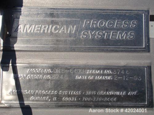 Used American Process Double Spiral Ribbon Blender, model DRB-66XH, 66 cubic feet working capacity, stainless steel. Non-jacketed trough 37" wide x 96" long. (1) 8’’ diameter center bottom outlet wit...