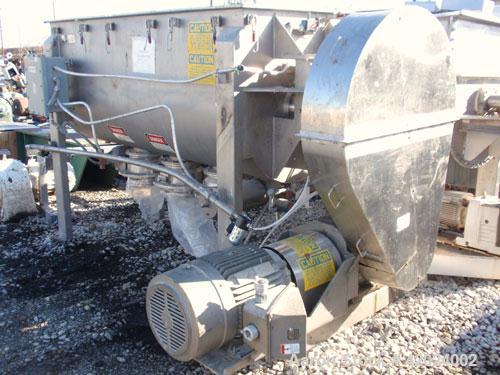 Used American Process Double Spiral Ribbon Blender, model DRB-66XH, 66 cubic feet working capacity, 304 stainless steel. Non-jacketed trough 37" wide x 96" long. (3) 8’’ diameter center bottom outlet...
