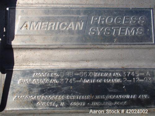 Used American Process Double Spiral Ribbon Blender, model DRB-66XH, 66 cubic feet working capacity, 304 stainless steel. Non-jacketed trough 37" wide x 96" long. (3) 8’’ diameter center bottom outlet...