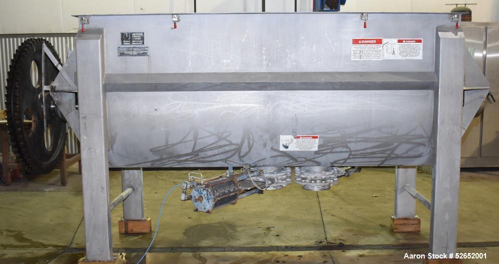 Used American Process Double Spiral Ribbon Blender, Model DRB120, 120 Cubic Feet, Stainless Steel. Non-jacketed trough approximate 44"W x 120"L x 54" Deep. 6" diameter shaft, approximately 40" diamet...