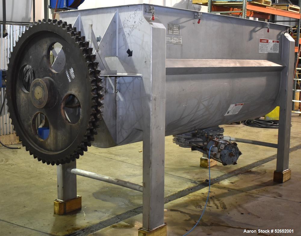 Used American Process Double Spiral Ribbon Blender, Model DRB120, 120 Cubic Feet, Stainless Steel. Non-jacketed trough approximate 44"W x 120"L x 54" Deep. 6" diameter shaft, approximately 40" diamet...