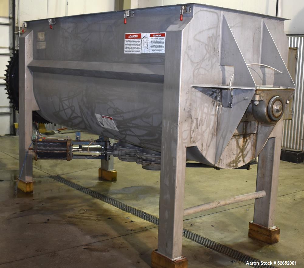 Used American Process Double Spiral Ribbon Blender, Model DRB120, 120 Cubic Feet, Stainless Steel. Non-jacketed trough approximate 44"W x 120"L x 54" Deep. 6" diameter shaft, approximately 40" diamet...