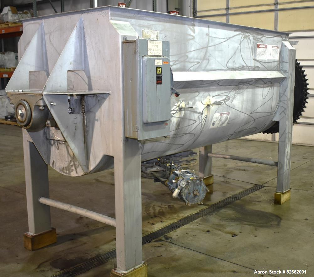 Used American Process Double Spiral Ribbon Blender, Model DRB120, 120 Cubic Feet, Stainless Steel. Non-jacketed trough approximate 44"W x 120"L x 54" Deep. 6" diameter shaft, approximately 40" diamet...
