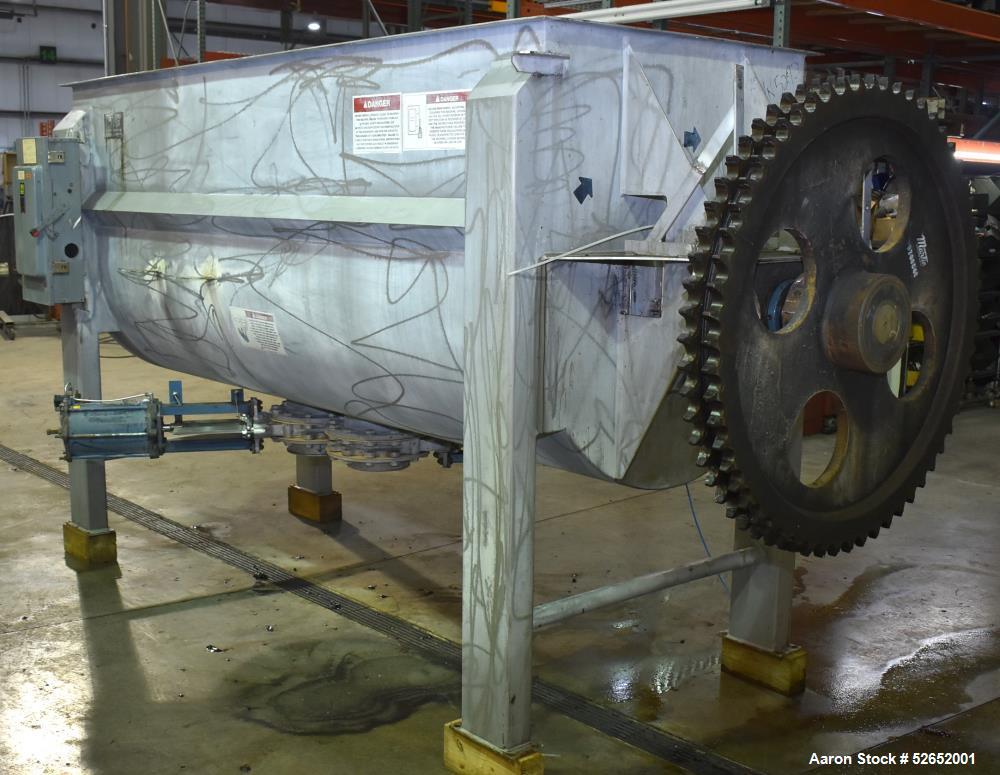 Used American Process Double Spiral Ribbon Blender, Model DRB120, 120 Cubic Feet, Stainless Steel. Non-jacketed trough approximate 44"W x 120"L x 54" Deep. 6" diameter shaft, approximately 40" diamet...