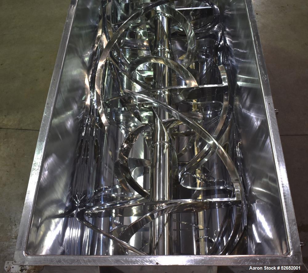 Used American Process Double Spiral Ribbon Blender, Model DRB120, 120 Cubic Feet, Stainless Steel. Non-jacketed trough approximate 44"W x 120"L x 54" Deep. 6" diameter shaft, approximately 40" diamet...
