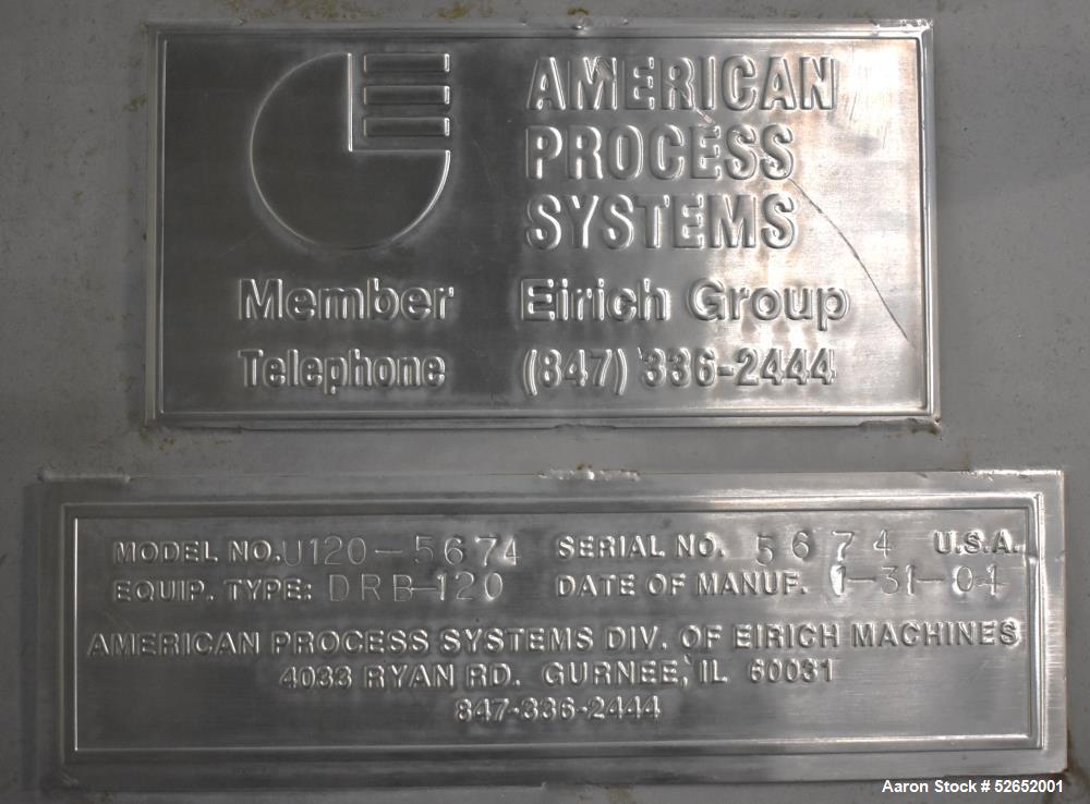 Used American Process Double Spiral Ribbon Blender, Model DRB120, 120 Cubic Feet, Stainless Steel. Non-jacketed trough approximate 44"W x 120"L x 54" Deep. 6" diameter shaft, approximately 40" diamet...