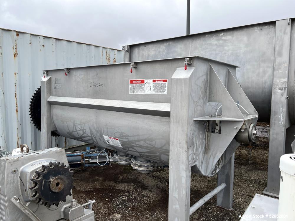 Used American Process Double Spiral Ribbon Blender, Model DRB120, 120 Cubic Feet, Stainless Steel. Non-jacketed trough approximate 44"W x 120"L x 54" Deep. 6" diameter shaft, approximately 40" diamet...