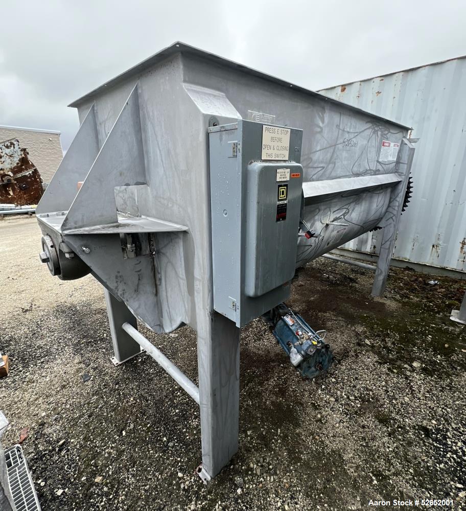 Used American Process Double Spiral Ribbon Blender, Model DRB120, 120 Cubic Feet, Stainless Steel. Non-jacketed trough approximate 44"W x 120"L x 54" Deep. 6" diameter shaft, approximately 40" diamet...