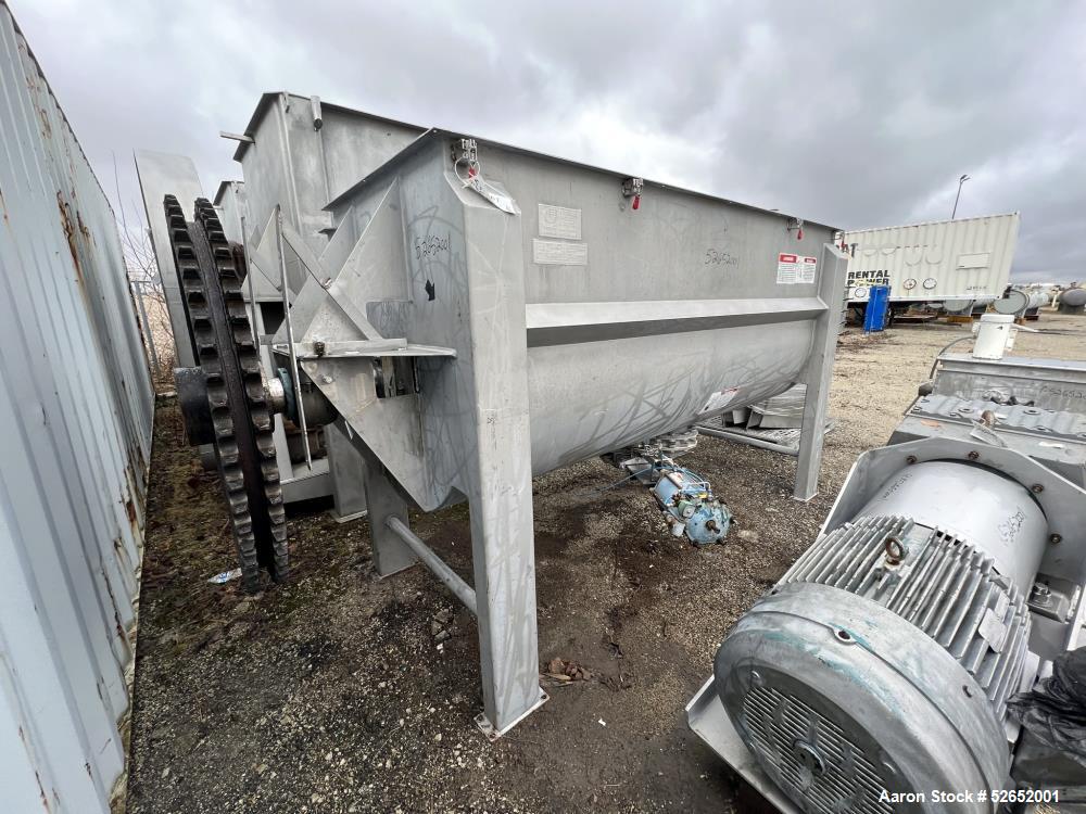 Used American Process Double Spiral Ribbon Blender, Model DRB120, 120 Cubic Feet, Stainless Steel. Non-jacketed trough approximate 44"W x 120"L x 54" Deep. 6" diameter shaft, approximately 40" diamet...