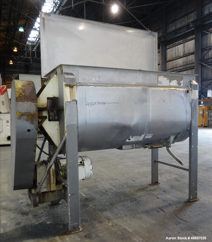 Used American Process System Model Double Spiral Ribbon Blender DRB-80-H, 80 Cubic Feet Working Capacity, 304 stainless steel. Dimple jacketed trough approximately 96" x long x 41" wide x 47" deep, r...