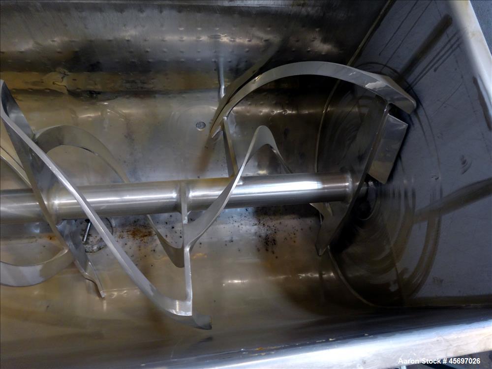 Used American Process System Model Double Spiral Ribbon Blender DRB-80-H, 80 Cubic Feet Working Capacity, 304 stainless steel. Dimple jacketed trough approximately 96" x long x 41" wide x 47" deep, r...