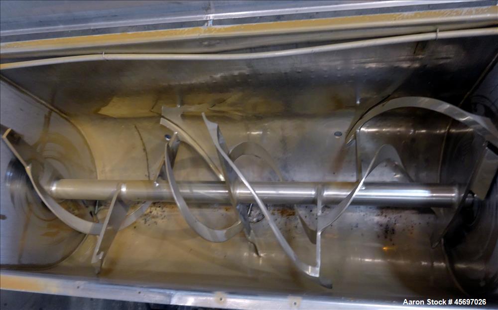 Used American Process System Model Double Spiral Ribbon Blender DRB-80-H, 80 Cubic Feet Working Capacity, 304 stainless steel. Dimple jacketed trough approximately 96" x long x 41" wide x 47" deep, r...