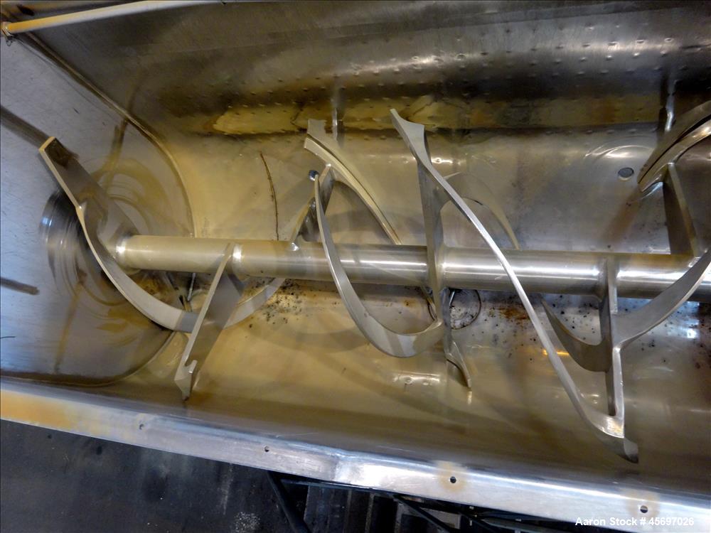 Used American Process System Model Double Spiral Ribbon Blender DRB-80-H, 80 Cubic Feet Working Capacity, 304 stainless steel. Dimple jacketed trough approximately 96" x long x 41" wide x 47" deep, r...