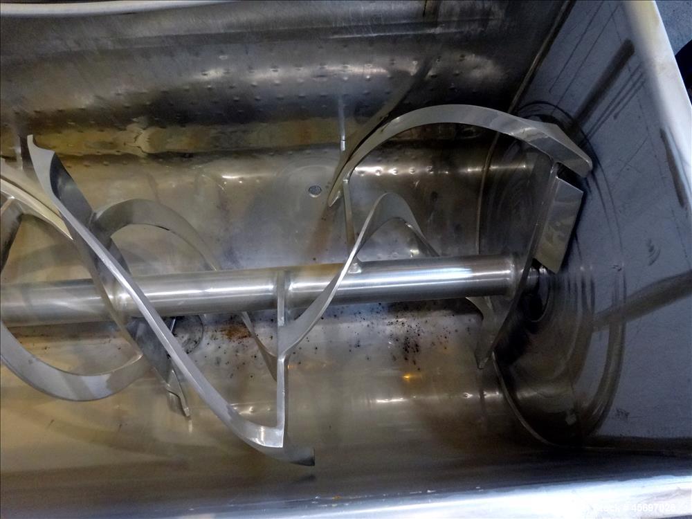 Used American Process System Model Double Spiral Ribbon Blender DRB-80-H, 80 Cubic Feet Working Capacity, 304 stainless steel. Dimple jacketed trough approximately 96" x long x 41" wide x 47" deep, r...