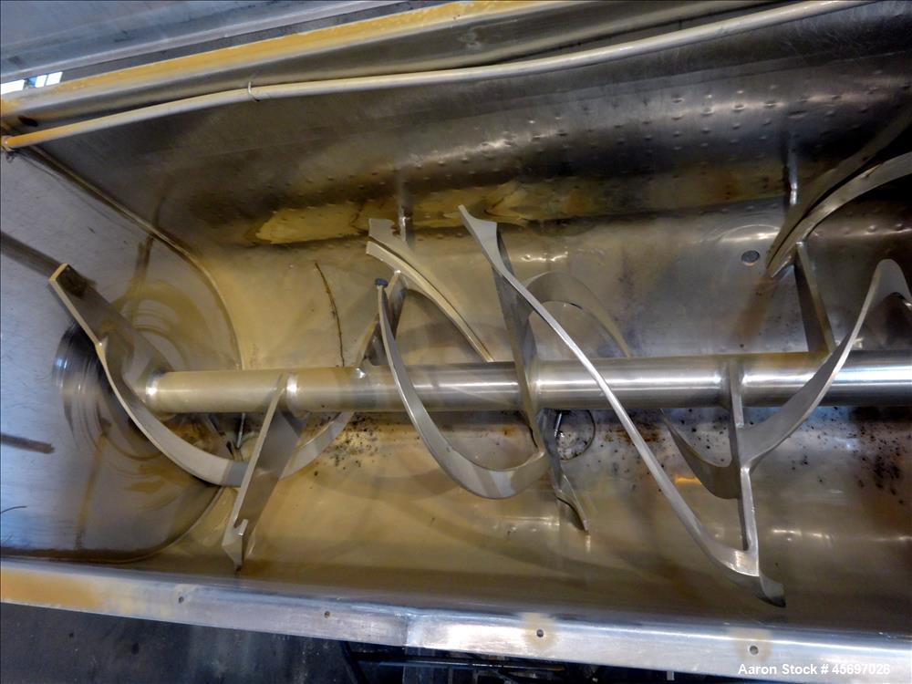 Used American Process System Model Double Spiral Ribbon Blender DRB-80-H, 80 Cubic Feet Working Capacity, 304 stainless steel. Dimple jacketed trough approximately 96" x long x 41" wide x 47" deep, r...